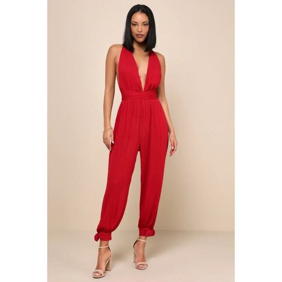 Lulus Lolinda Women's Convertible Halter Jumpsuit Size Large Red Open Back - Picture 1 of 12